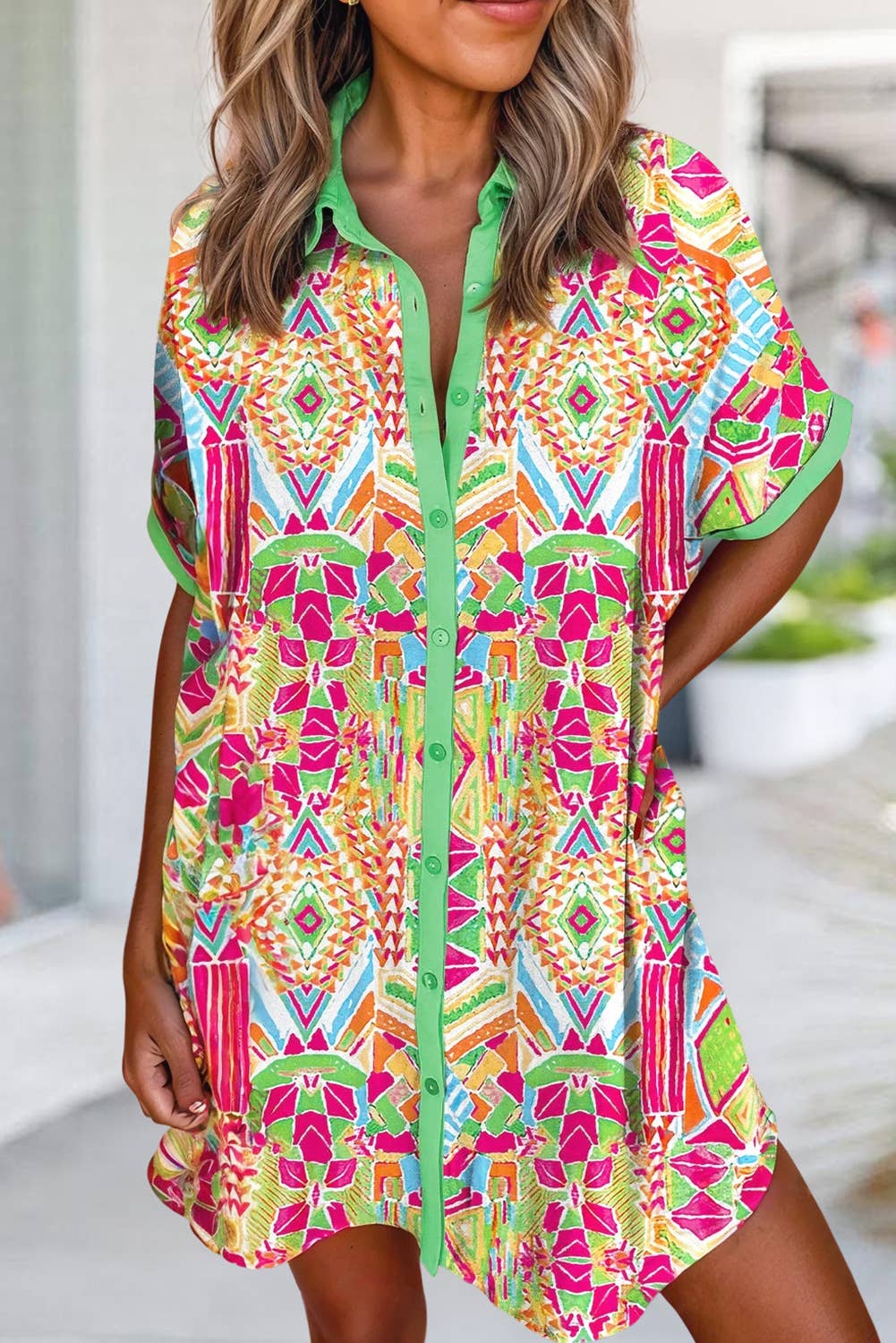 Geometric Print Contrast Short Sleeve Shirt Dress
