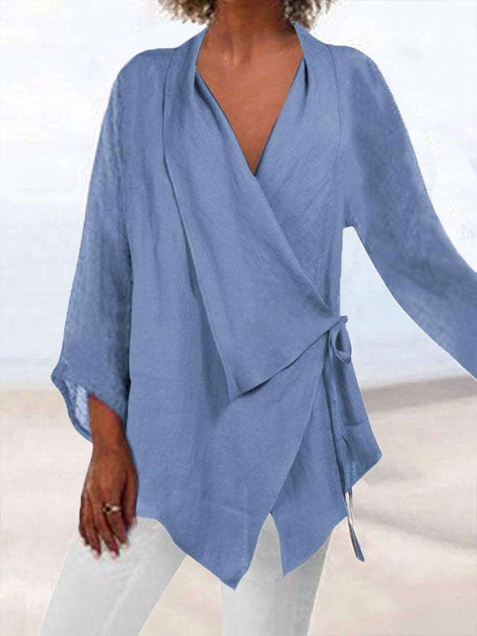 Women's cotton and linen lapel lace-up casual shirt