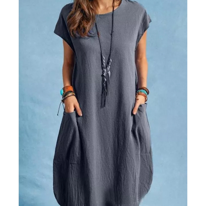 Cotton and Linen Loose Casual Solid Color Dress