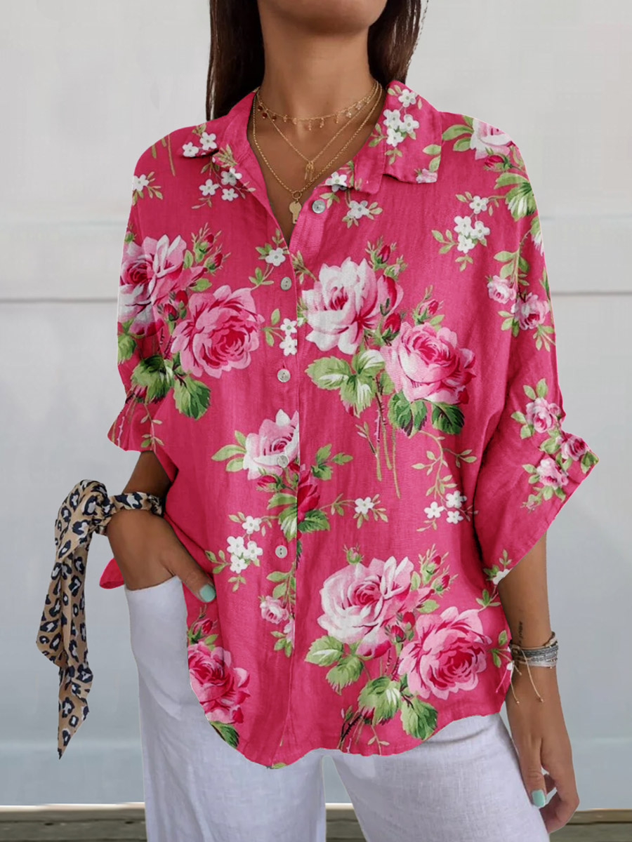 Women's Rose Floral Pattern Cotton And Linen Shirt