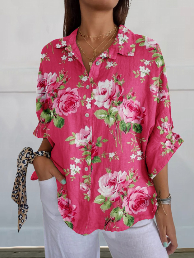Women's Rose Floral Pattern Cotton And Linen Shirt