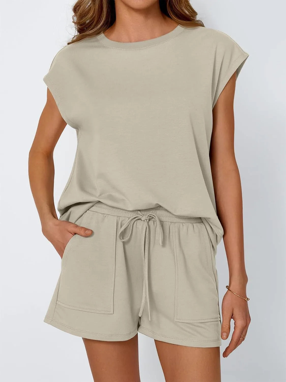 Round Neck Cap Sleeve Top and Shorts Set