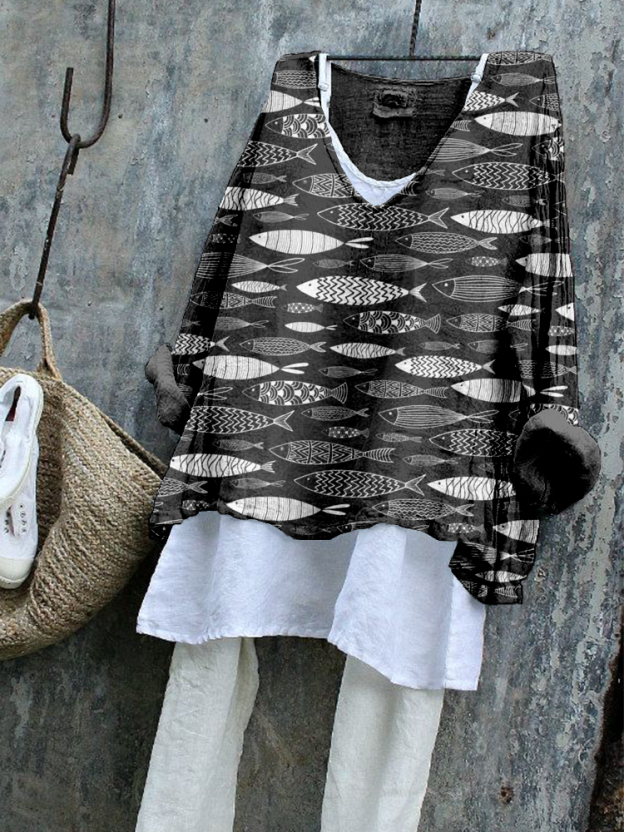 Vintage Fish Art Pattern Linen Blend Flowy Tunic