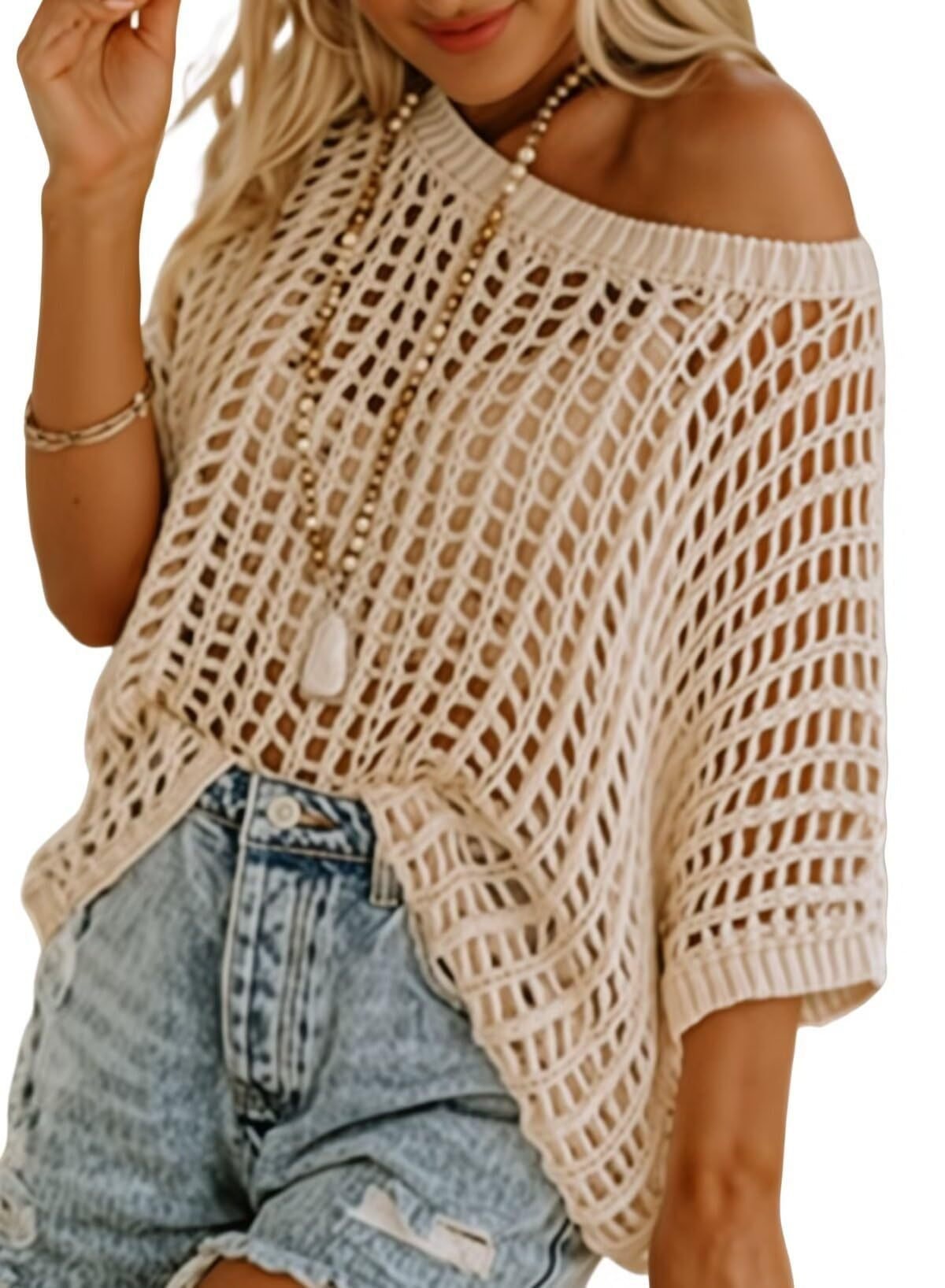 🎁 Womens Summer Scoop Neck Short Sleeve Sweater Casual Crochet Hollow