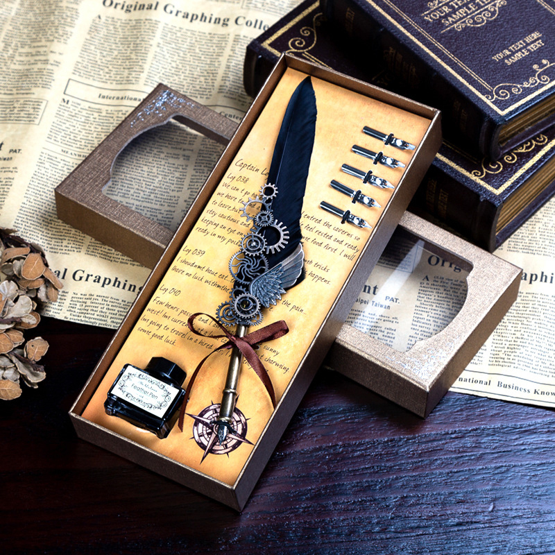 🎅🎁Best Christmas Gift 50%OFF - Deluxe Gift Boxed Retro Feather Calligraphy Dip Quill Pen Set - Natural Goose Flight Wing