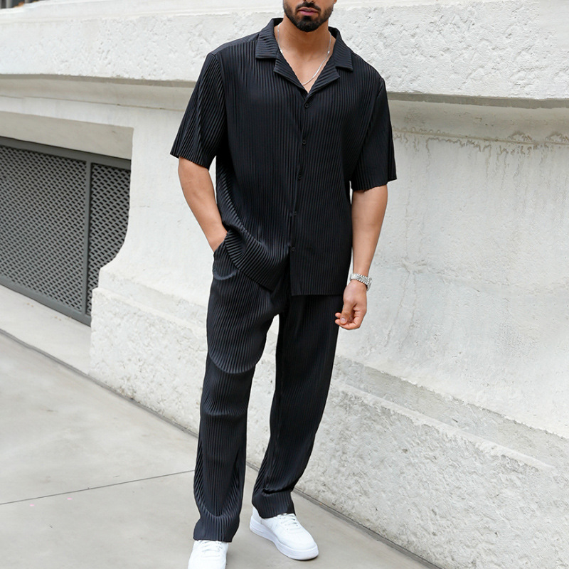 2025 Spring solid color sports men's suit fashion casual short sleeve pants two-piece set