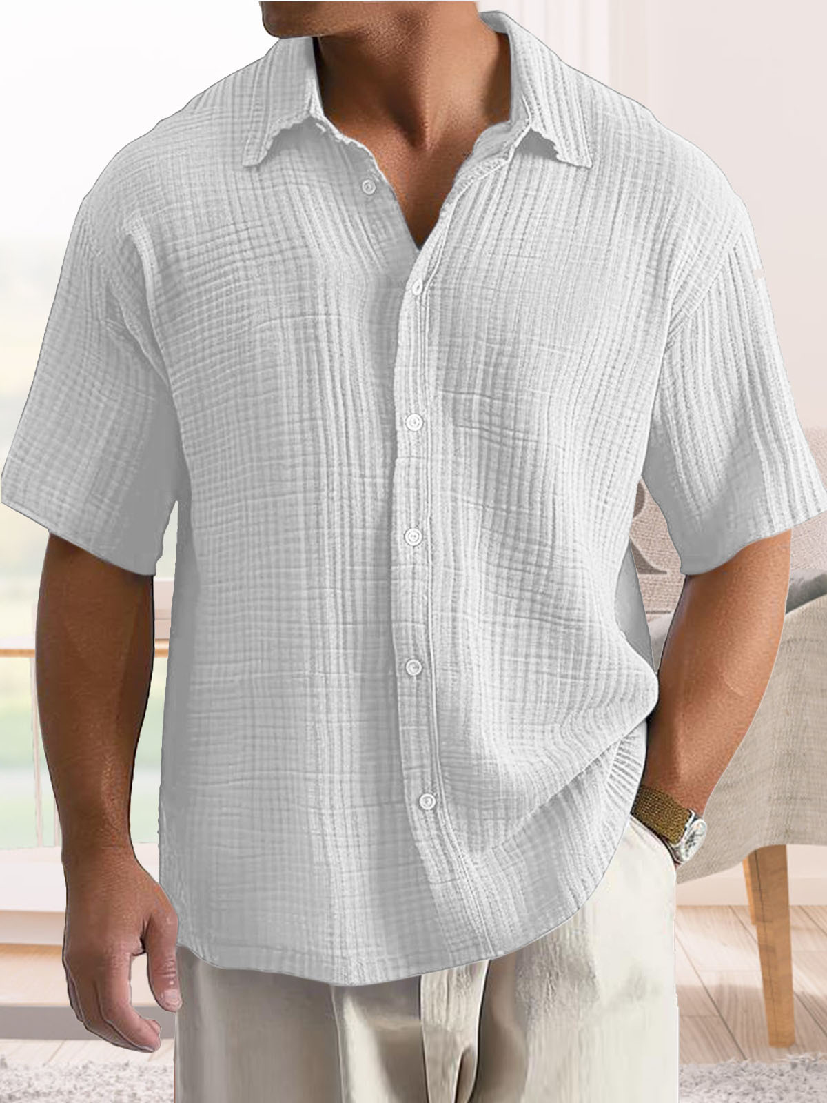 Men's Casual Cotton Short-sleeved Shirt with Lapel