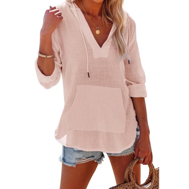 Women's Oversized Hooded Beach Cover Up - Long Sleeve V-Neck Pocket Shirt