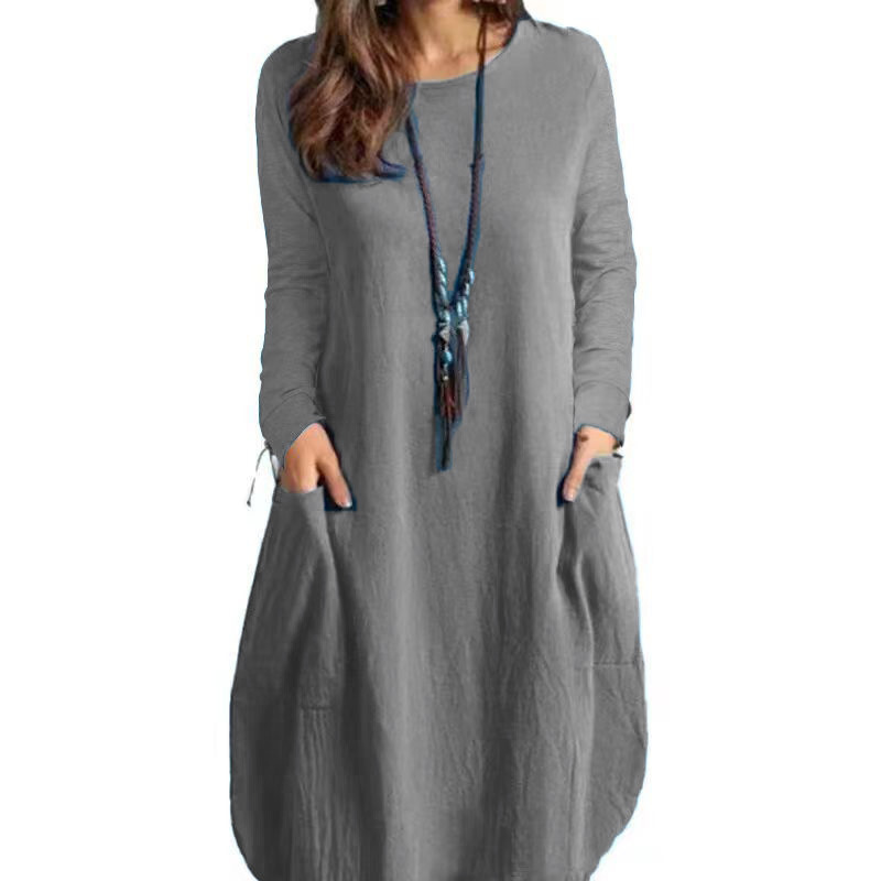 Cotton and Linen Loose Casual Solid Color Dress