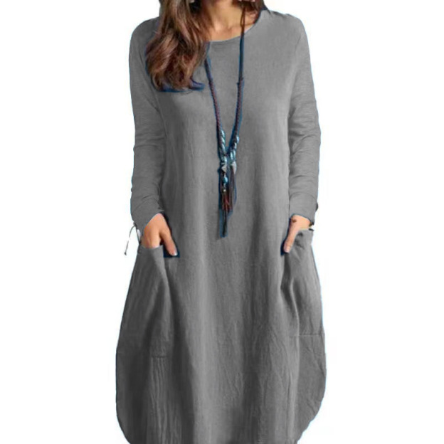 Cotton and Linen Loose Casual Solid Color Dress