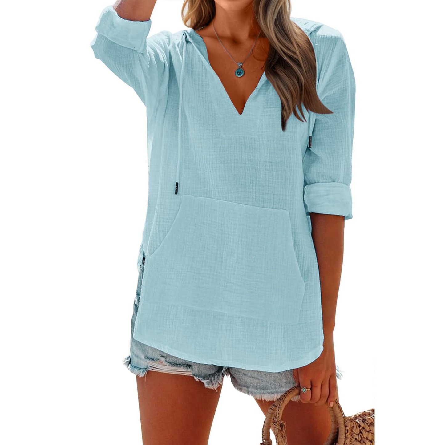 Women's Oversized Hooded Beach Cover Up - Long Sleeve V-Neck Pocket Shirt