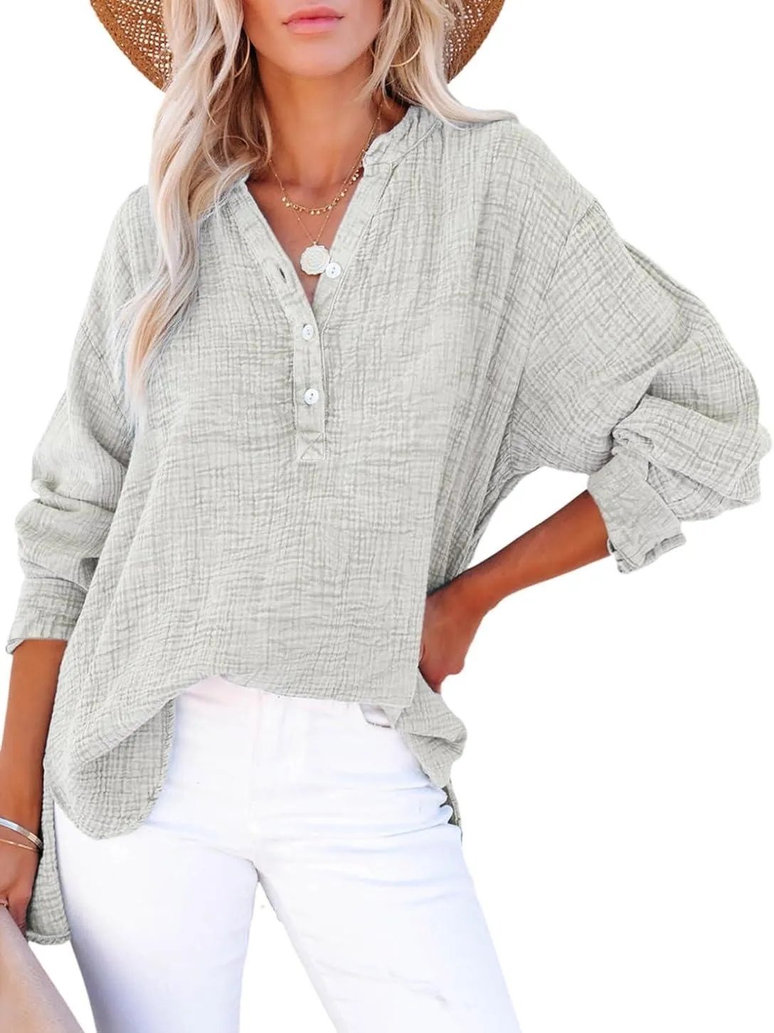 Womens Casual Button V Neck Long Sleeve Shirts Oversized Solid Blouses Tops