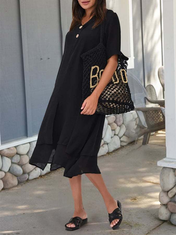 Cotton And Linen Double-Layer Slit V-Neck Art Dress