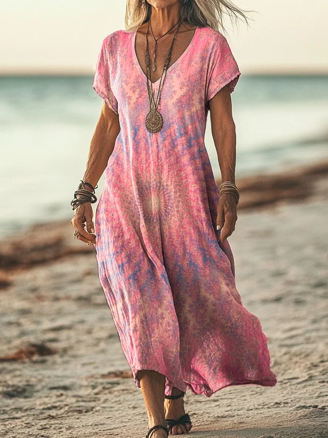 Women's Tie Dye Pattern Floral Pattern Print Pocket Cotton Dress