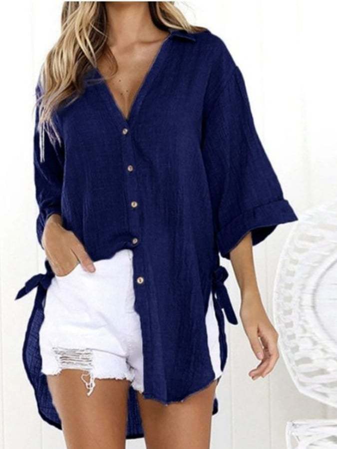 Ladies Cotton Linen Irregular Casual Shirt