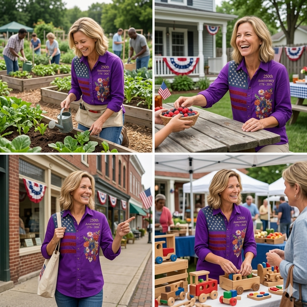 Women's 250th Anniversary American Flag Floral Embroidered Button-Up Shirt