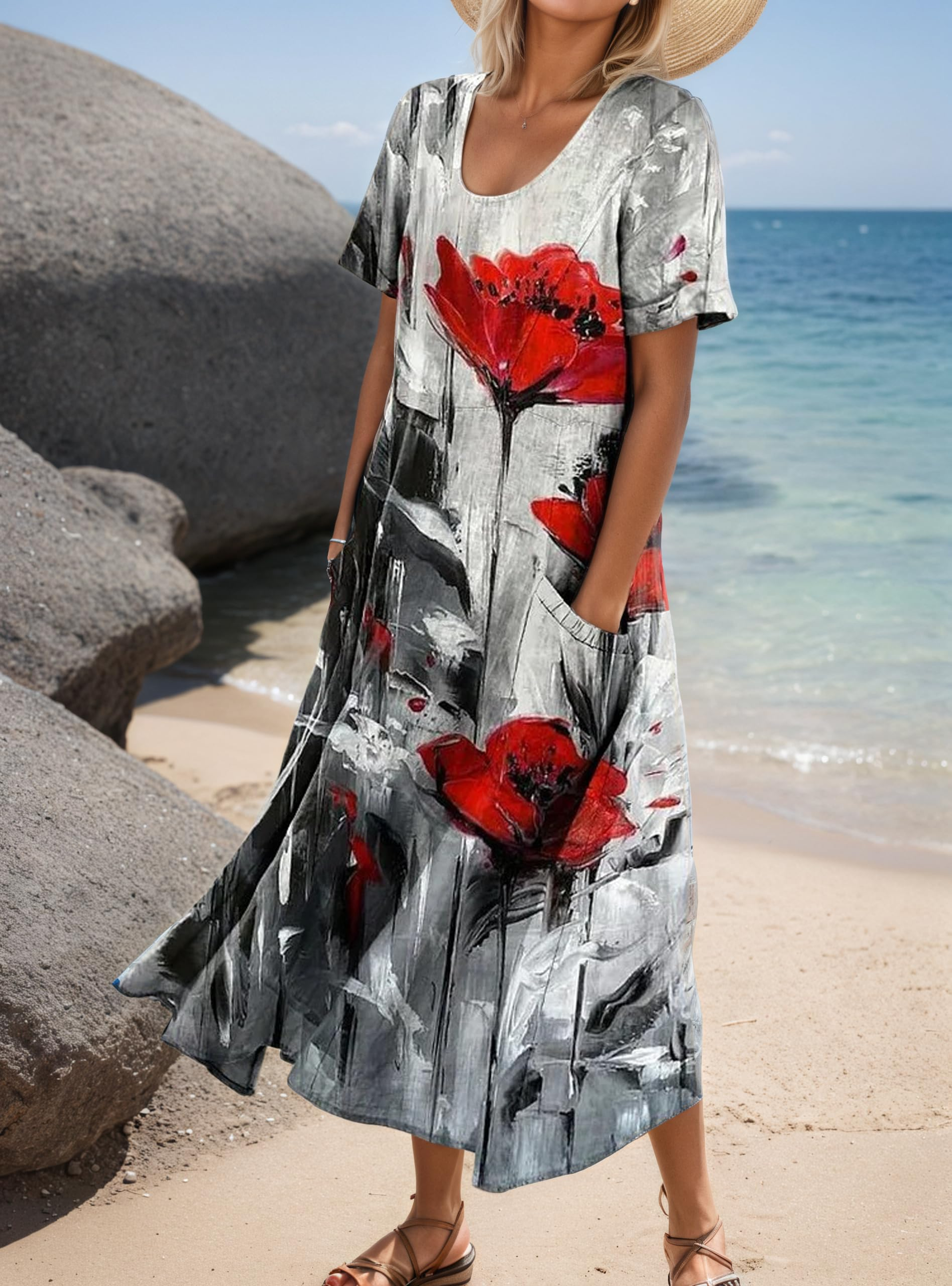 Women's Short-Sleeved Printed Long Dress