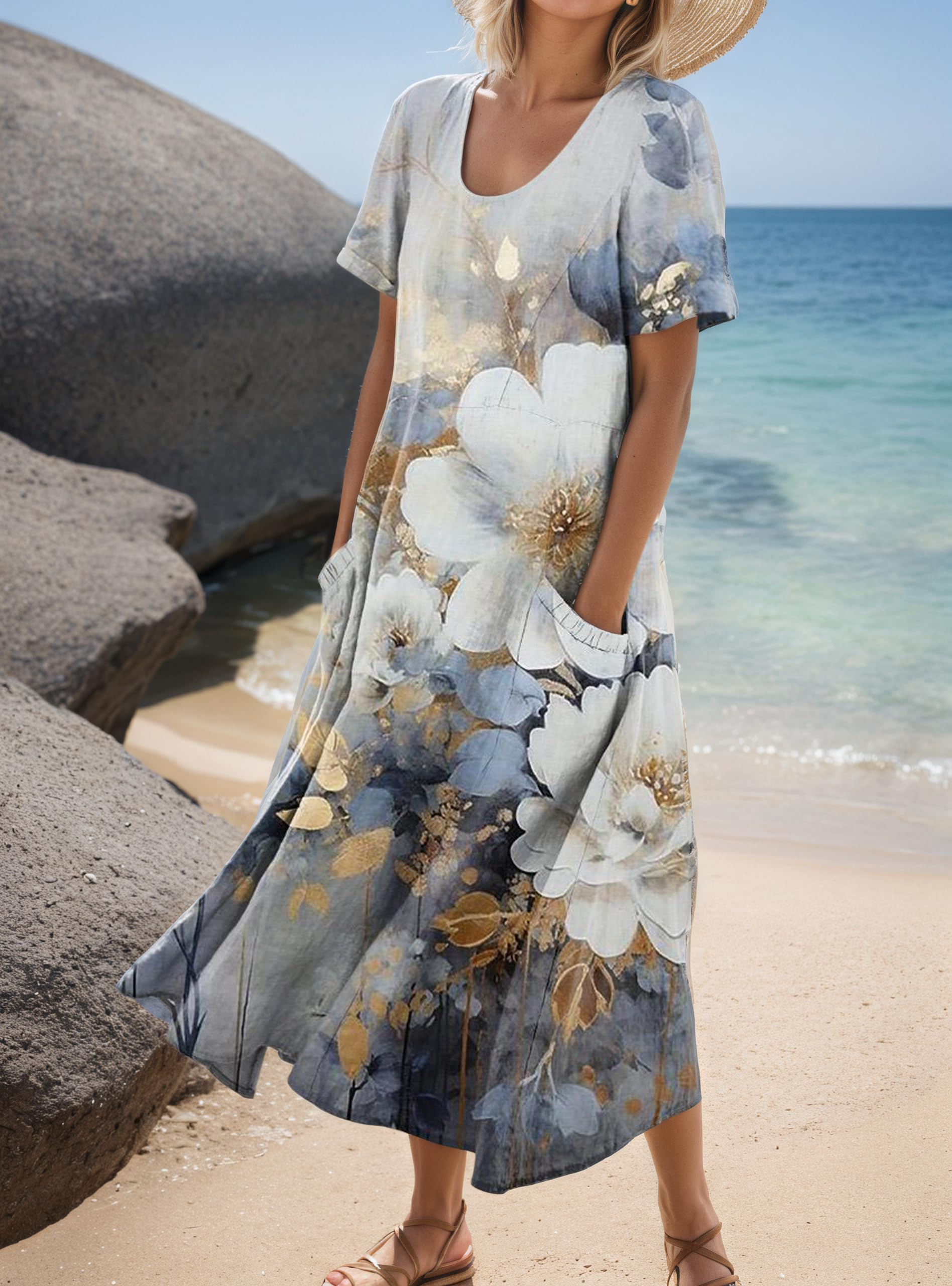 Women's Short-Sleeved Printed Long Dress