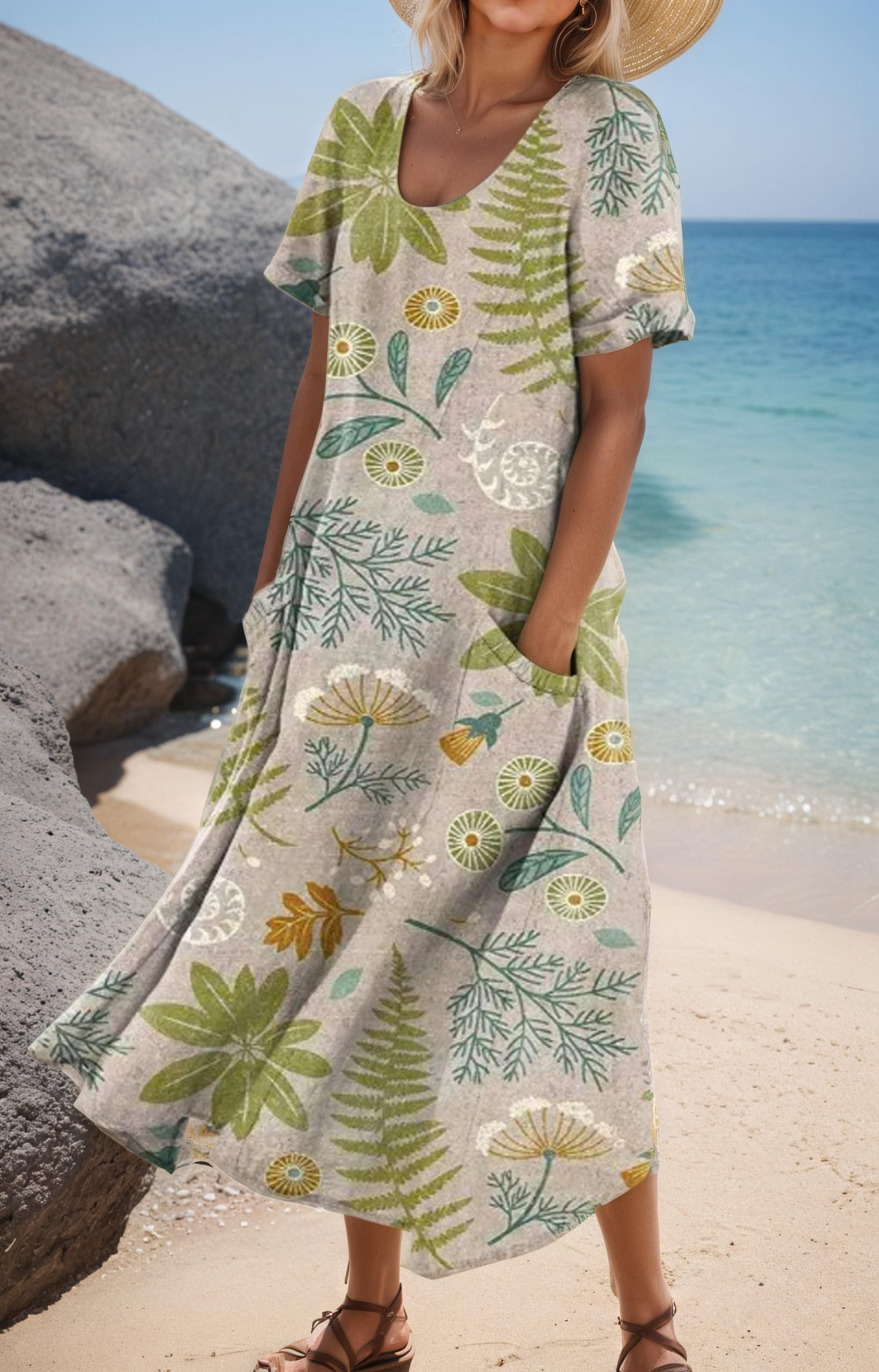 Women's Short-Sleeved Printed Long Dress