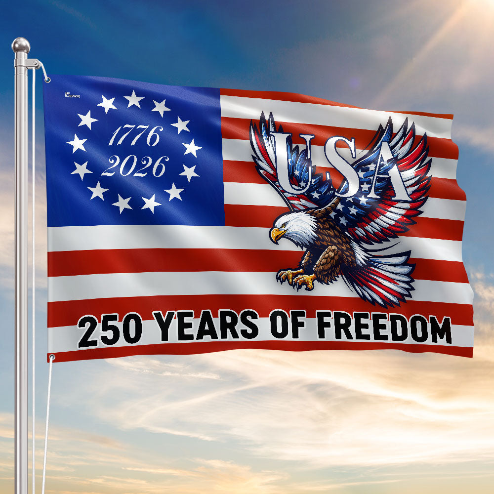 250 Years Of Freedom Flag | Bald Eagle Patriotic 1776–2026 Grommet Flag