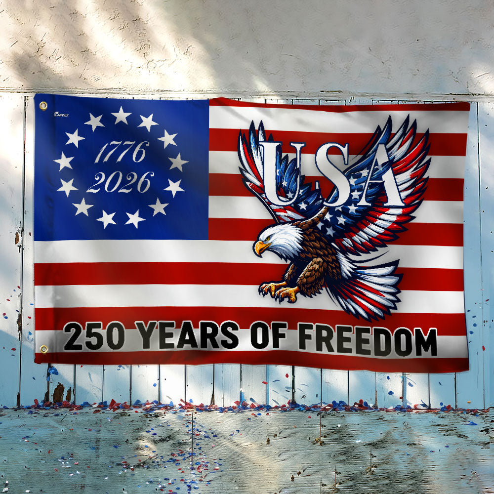 250 Years Of Freedom Flag | Bald Eagle Patriotic 1776–2026 Grommet Flag