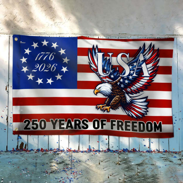 250 Years Of Freedom Flag | Bald Eagle Patriotic 1776–2026 Grommet Flag