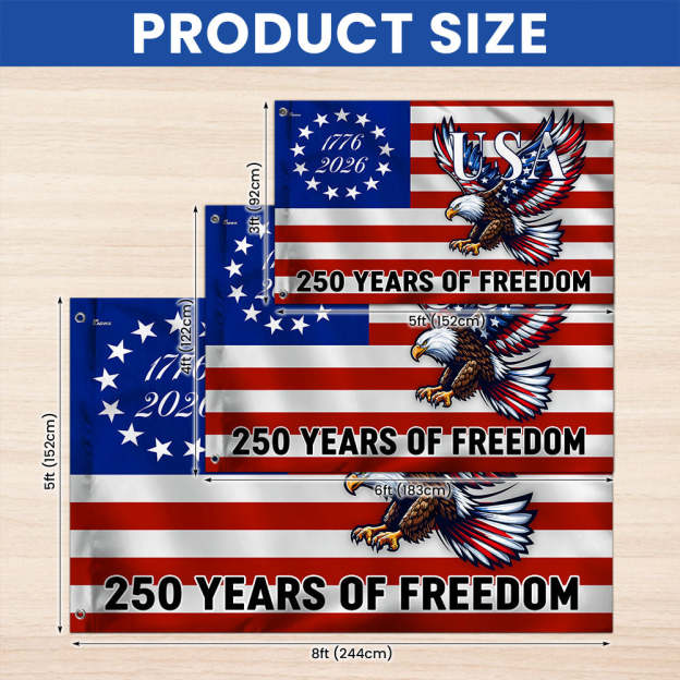 250 Years Of Freedom Flag | Bald Eagle Patriotic 1776–2026 Grommet Flag