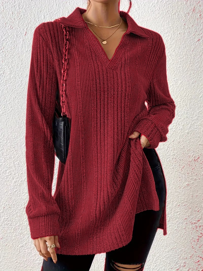 Slit Johnny Collar Long Sleeve Top
