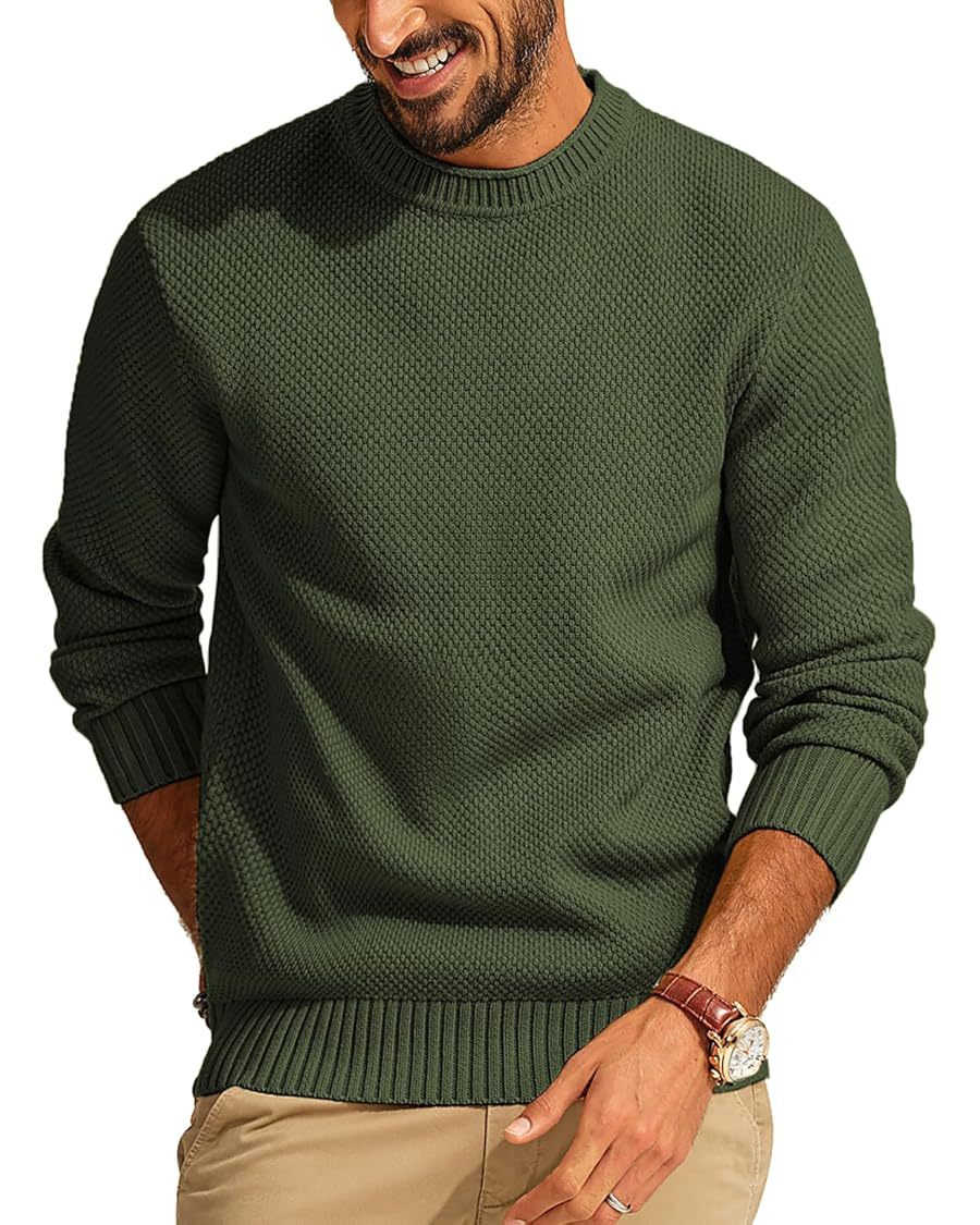 Men's Casual Pullover Solid Color Waffle Crew Neck Sweater