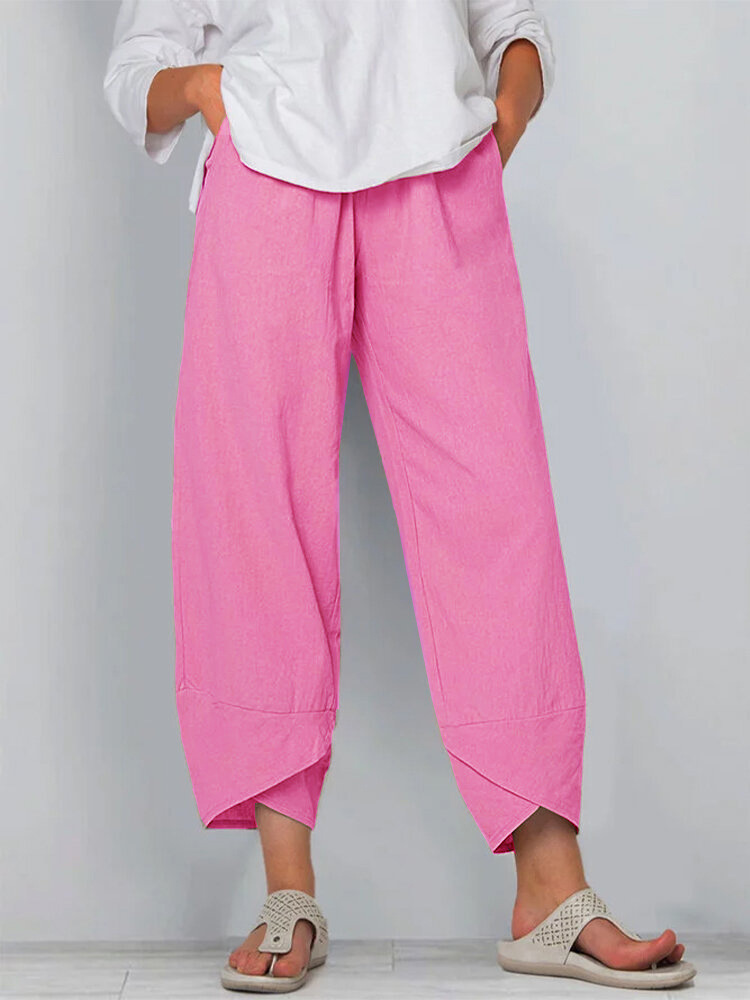 Women's Solid Color Loose Elegant Casual Simple Cotton And Linen Ninth Pants