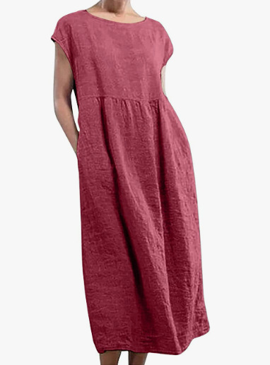 Greattioa-Solid color sleeveless loose cotton and linen pocket dress