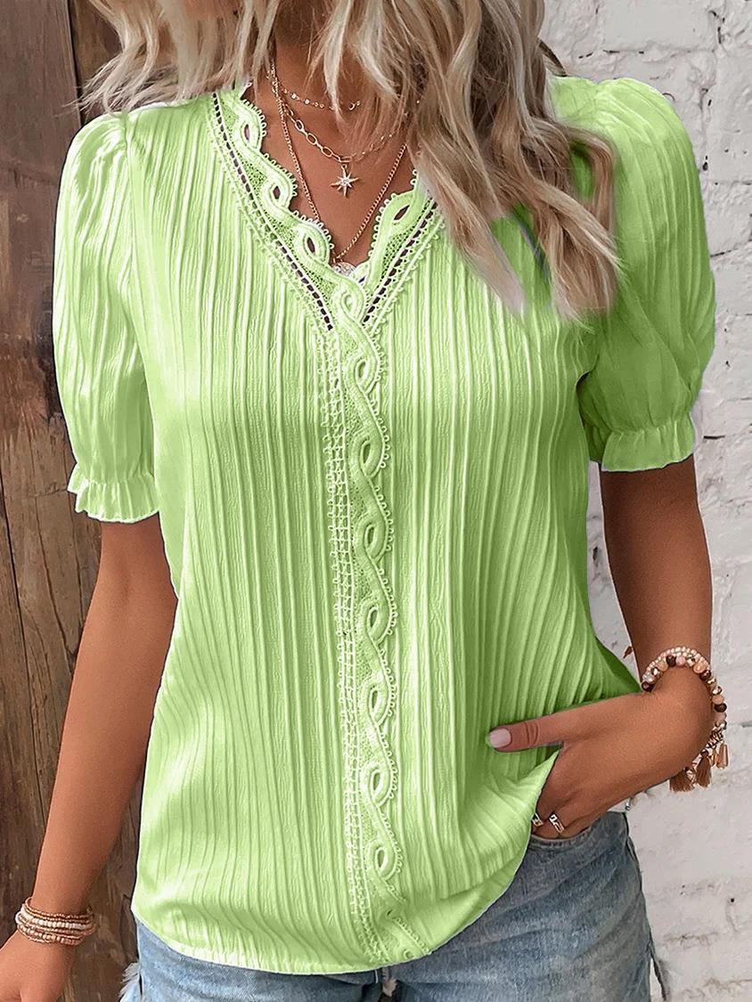 Women's Shirt Blouse Plain Lace Short Sleeve Casual Basic V Neck