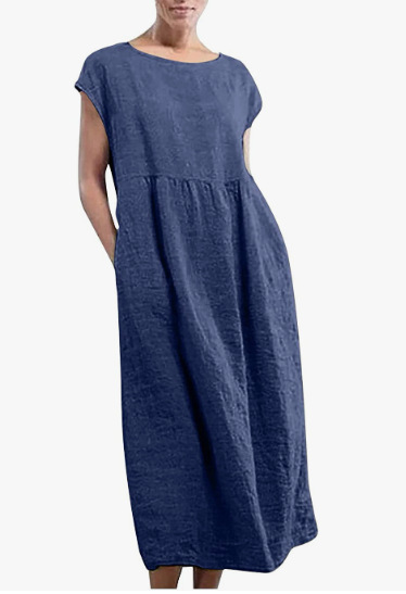 Greattioa-Solid color sleeveless loose cotton and linen pocket dress