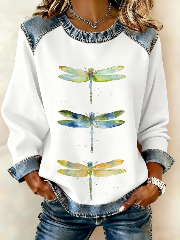🔥Women's Casual Round Neck Denim Patchwork Pullover Sweatshirt