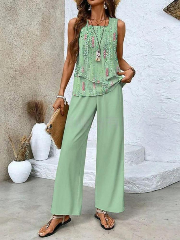 Women's Leaf Daily Going Out Two Piece Set Floral Sleeveless Casual Summer Top With Pants Matching Set