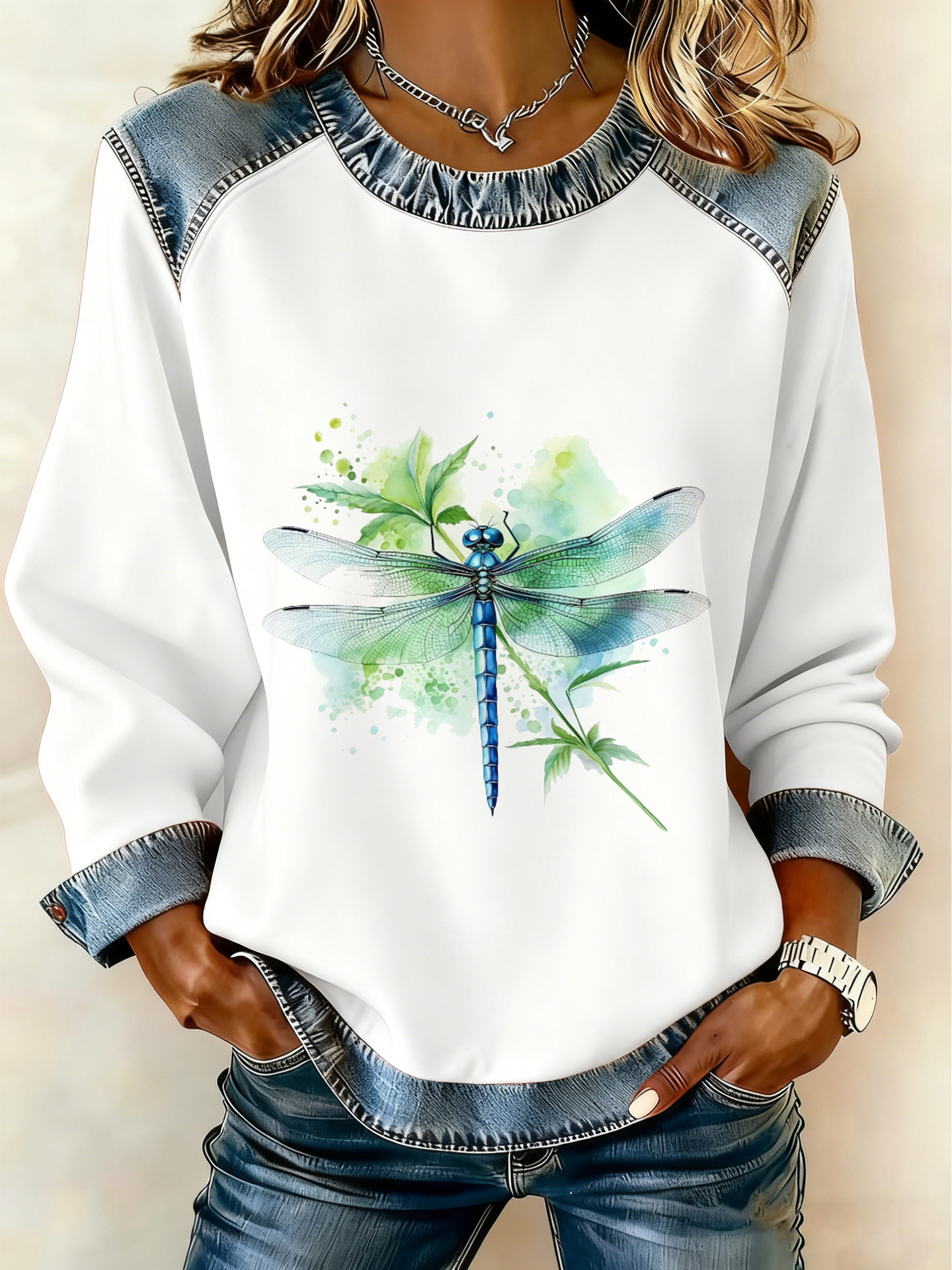 🔥Women's Casual Round Neck Denim Patchwork Pullover Sweatshirt