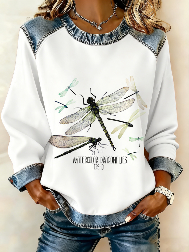 🔥Women's Casual Round Neck Denim Patchwork Pullover Sweatshirt