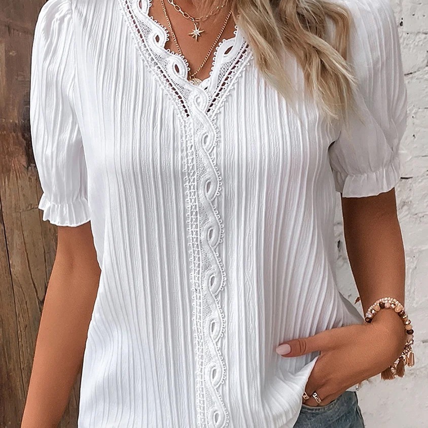Women's Shirt Blouse Plain Lace Short Sleeve Casual Basic V Neck