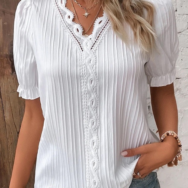Women's Shirt Blouse Plain Lace Short Sleeve Casual Basic V Neck