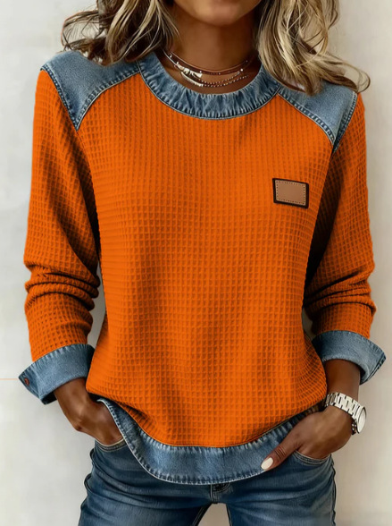 🔥Women's Casual Round Neck Denim Patchwork Pullover Sweatshirt