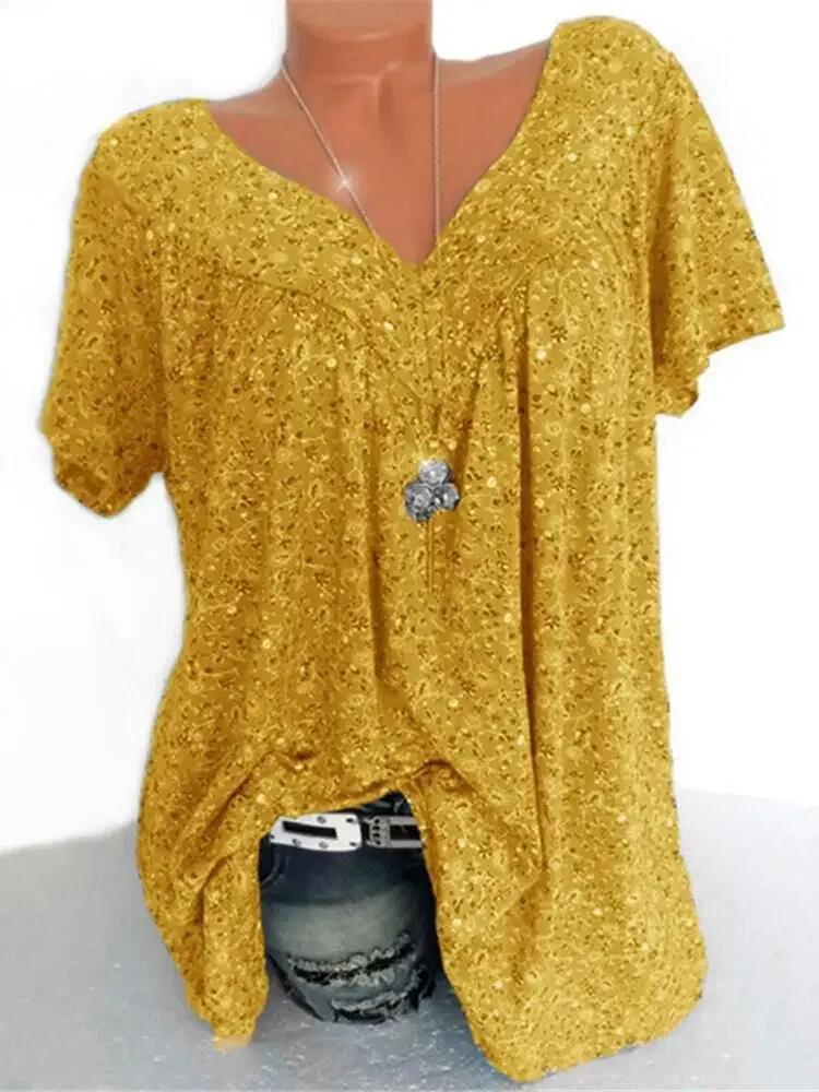 Women's Summer V-neck Loose Short-sleeved Printed T-shirt