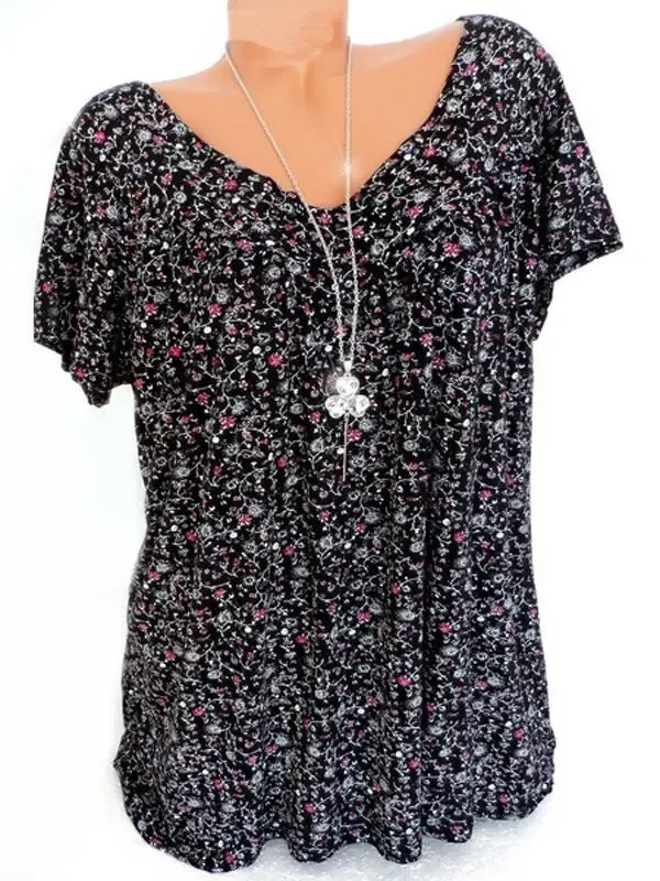 Women's Summer V-neck Loose Short-sleeved Printed T-shirt