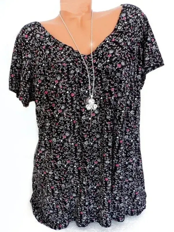 Women's Summer V-neck Loose Short-sleeved Printed T-shirt