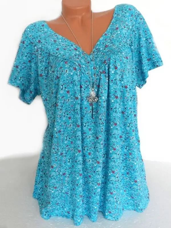 Women's Summer V-neck Loose Short-sleeved Printed T-shirt