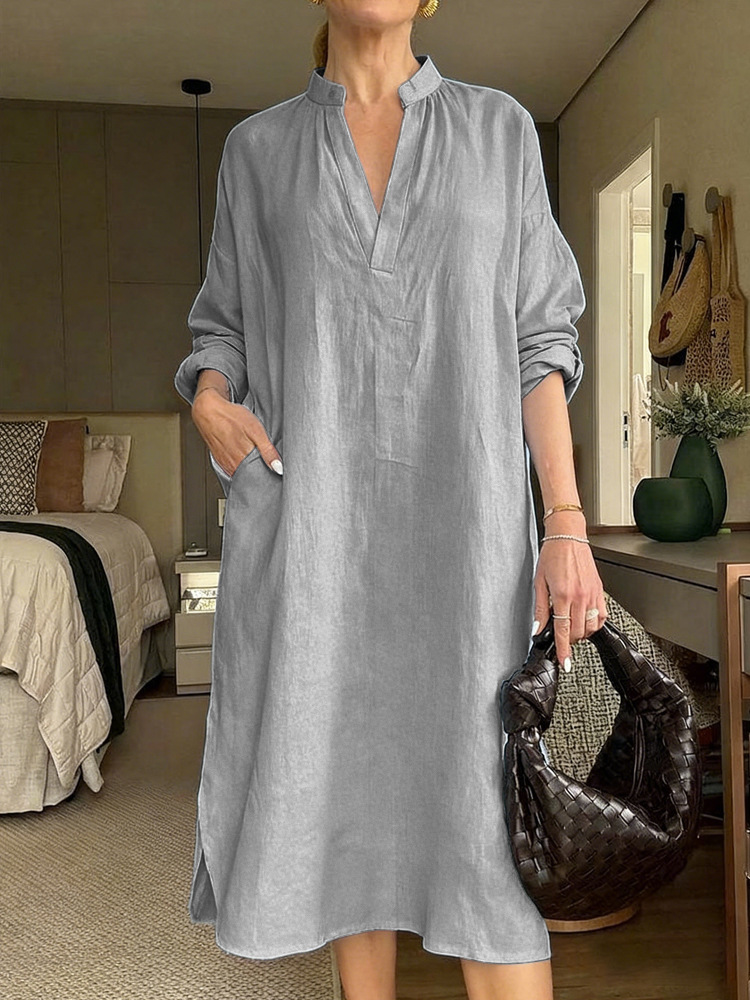 New Women’s Casual Loose-Fit Vintage Cotton-Linen Long Sleeve V-Neck Pocket Dress