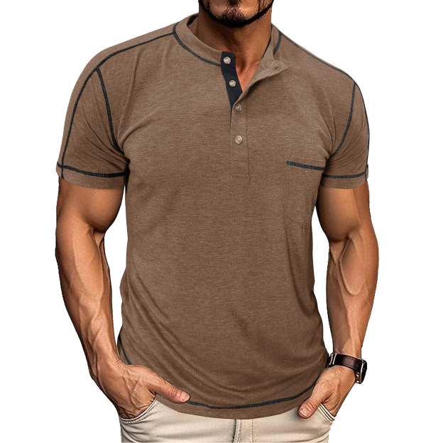 Men's Fashion Contrast-Color Short-Sleeve Henley Base Layer T-Shirt with Round Neck