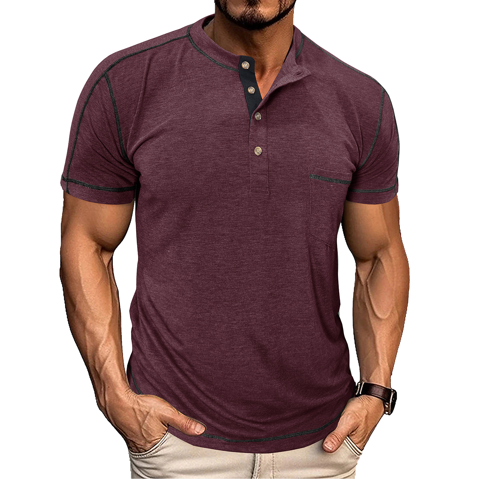 Men's Fashion Contrast-Color Short-Sleeve Henley Base Layer T-Shirt with Round Neck