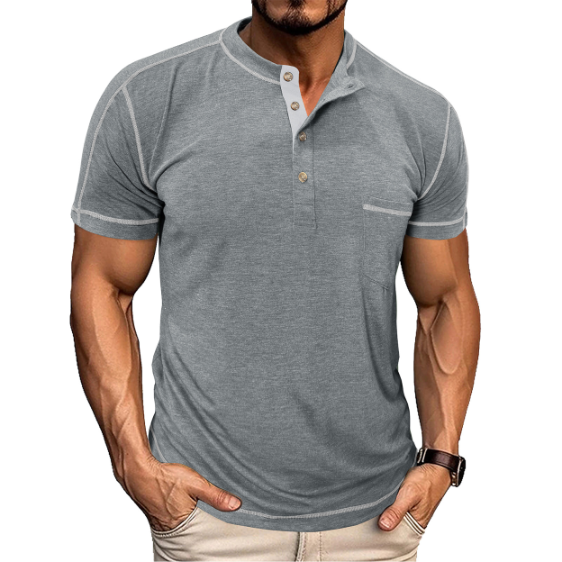 Men's Fashion Contrast-Color Short-Sleeve Henley Base Layer T-Shirt with Round Neck