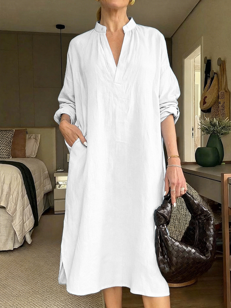 New Women’s Casual Loose-Fit Vintage Cotton-Linen Long Sleeve V-Neck Pocket Dress