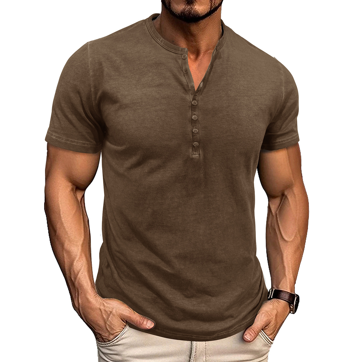 Vintage crew neck henley summer base layer outdoor short-sleeve T-shirt